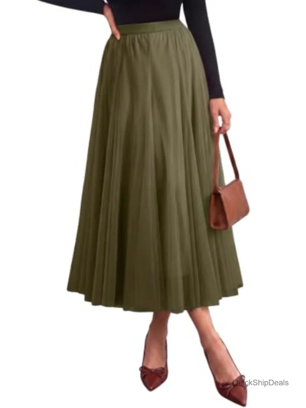 Tulle Midi Skirt A-Line Flowy High Waist Pleated